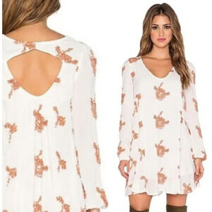 Free People Emma Austin Boho Floral Gauzy Embroidered Swing Dress S Off White